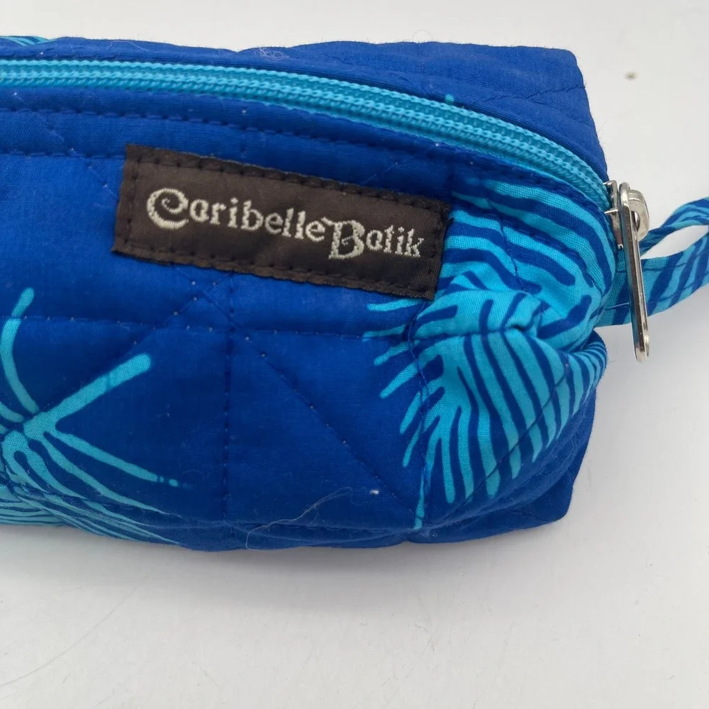 Caribelle Batik Quilted Blue Teal Palm Leaf Makeup Cosmetic Bag Wristlet Pouch